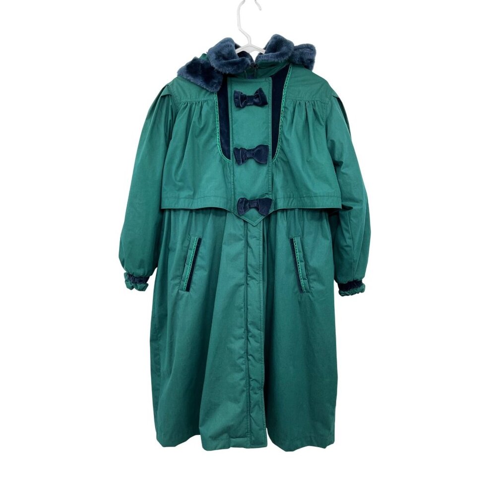 Vintage Rothschild Green Faux Fur Hooded Coat Womens M/L Velvet Bows Used Unique